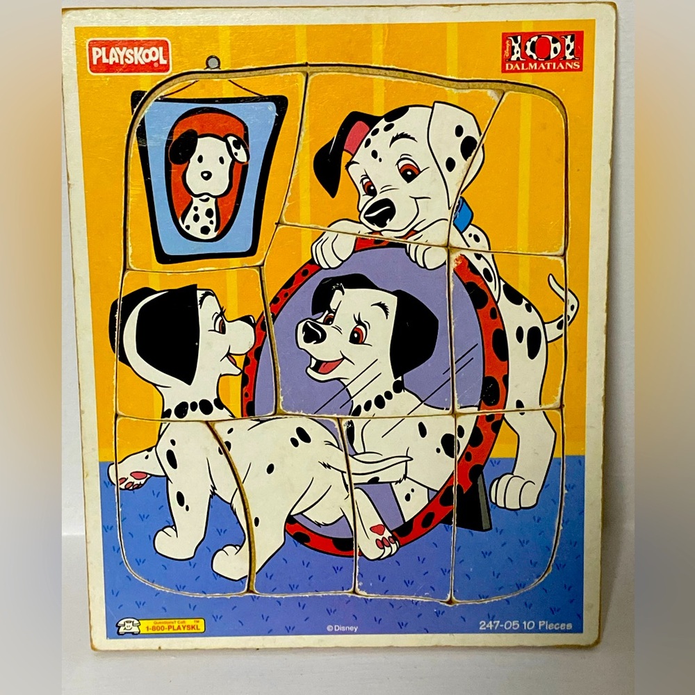 Vintage 101 Dalmatians Playskool Wooden 10 Pc Puzzle 2 Pups w/ Mirror